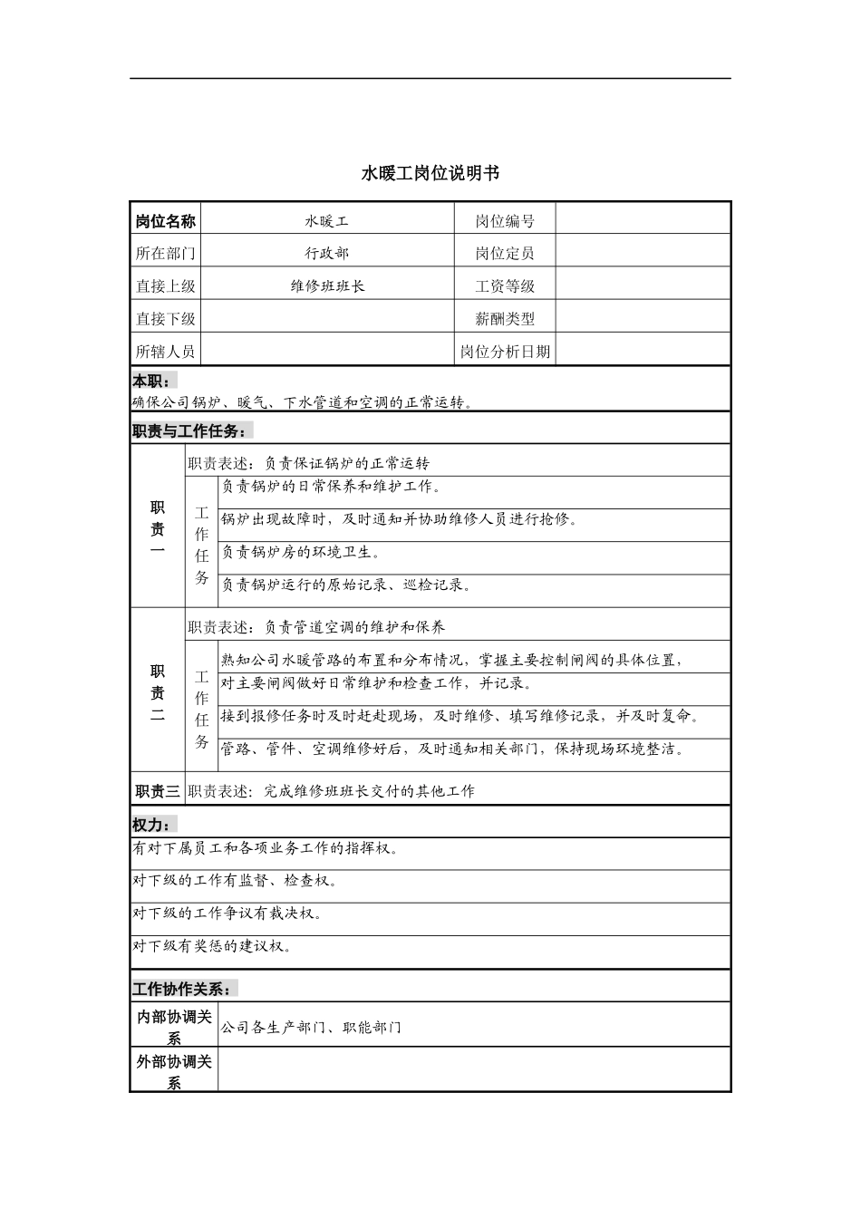 水暖工岗位说明书_第1页