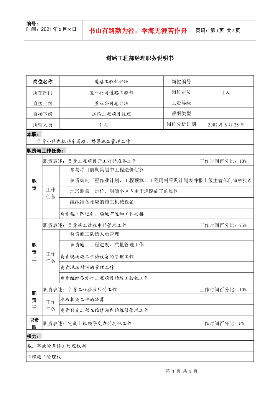 置业公司道路工程部经理职务说明书_第1页