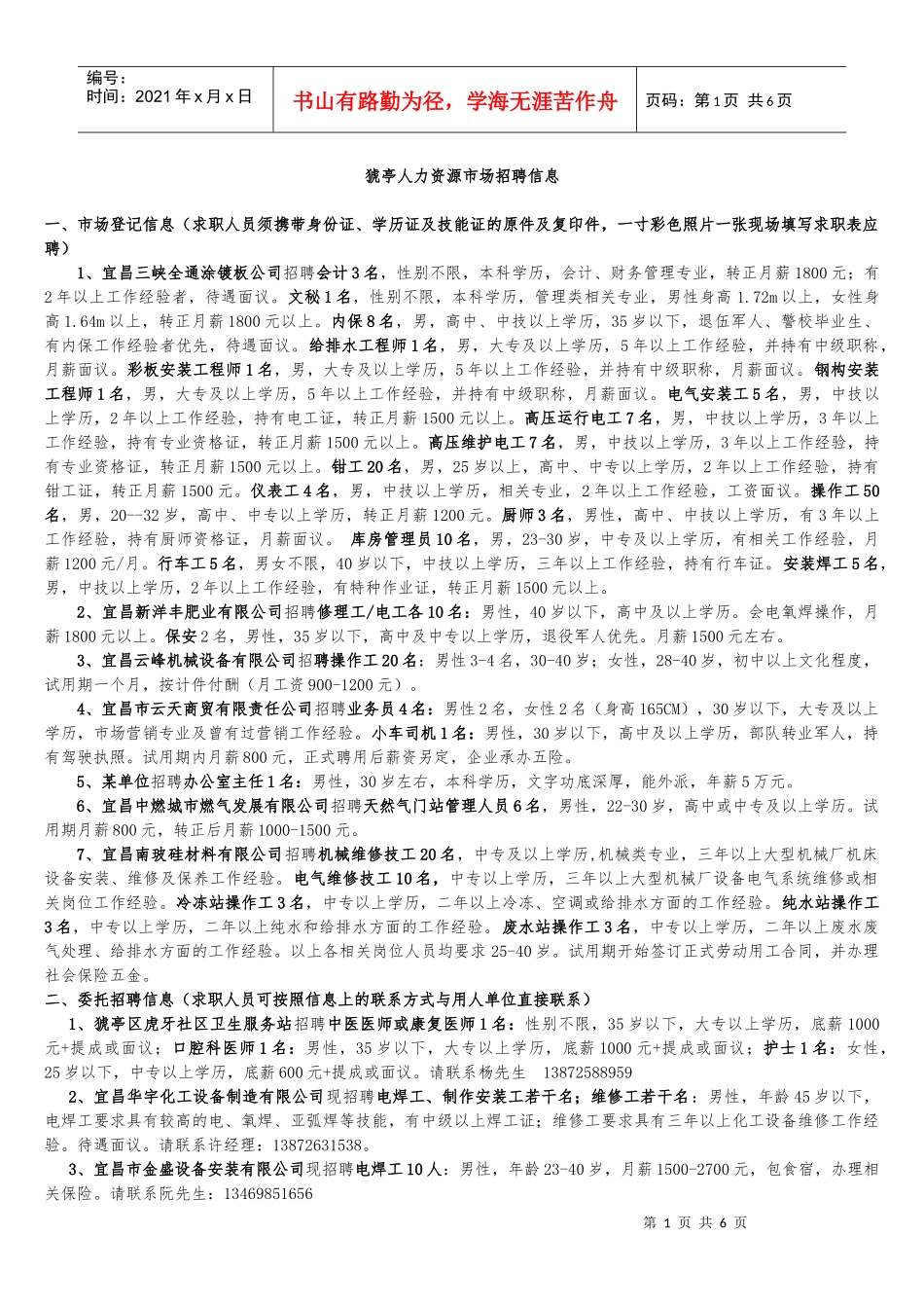 猇亭人力资源市场招聘信息一、市场登记信息（求职人员须携带身_第1页