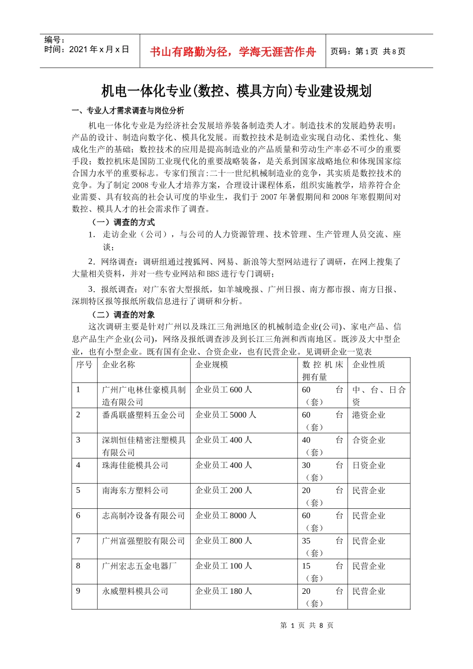 机电一体化专业建设规划doc-机电一体化专业人才需求调查_第1页