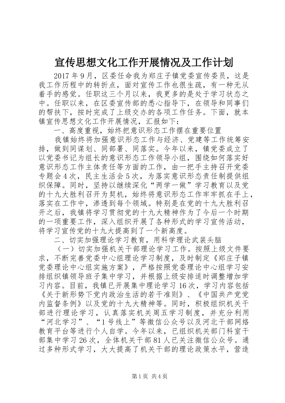 宣传思想文化工作开展情况及工作计划_第1页