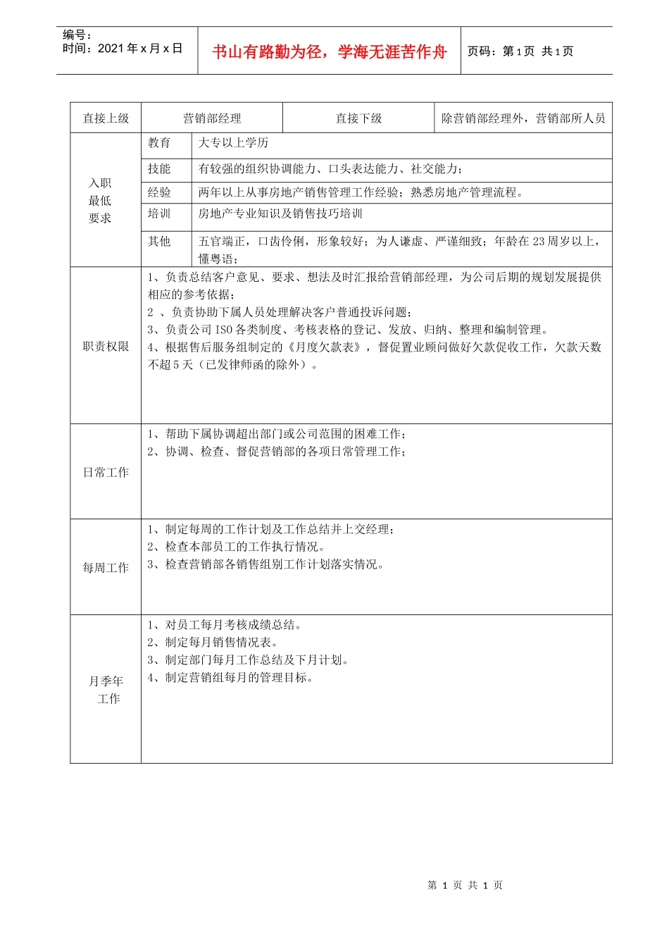 营销主任职务说明书_第1页