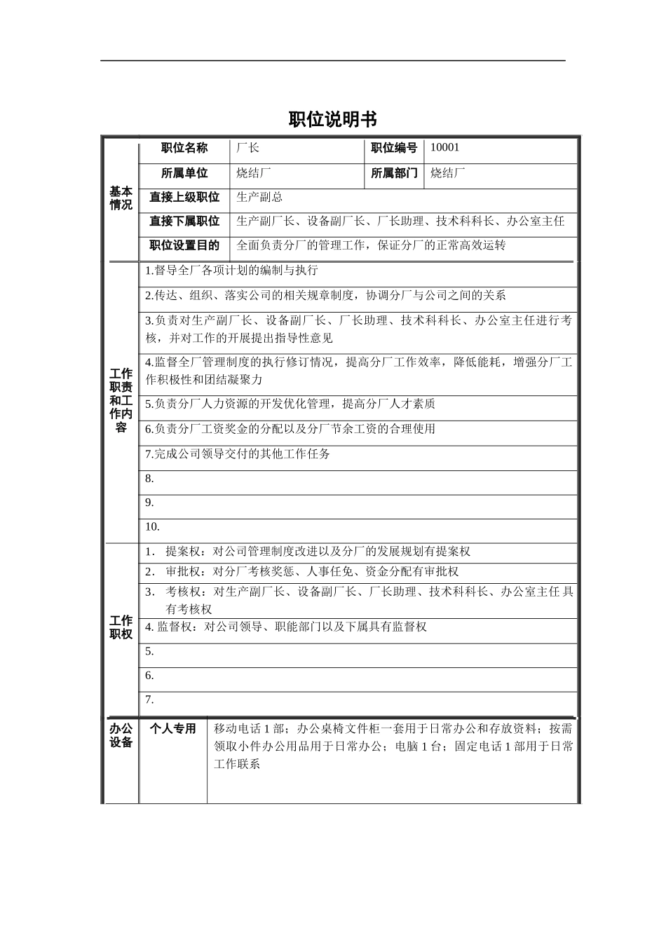 烧结厂厂长职位说明书_第1页