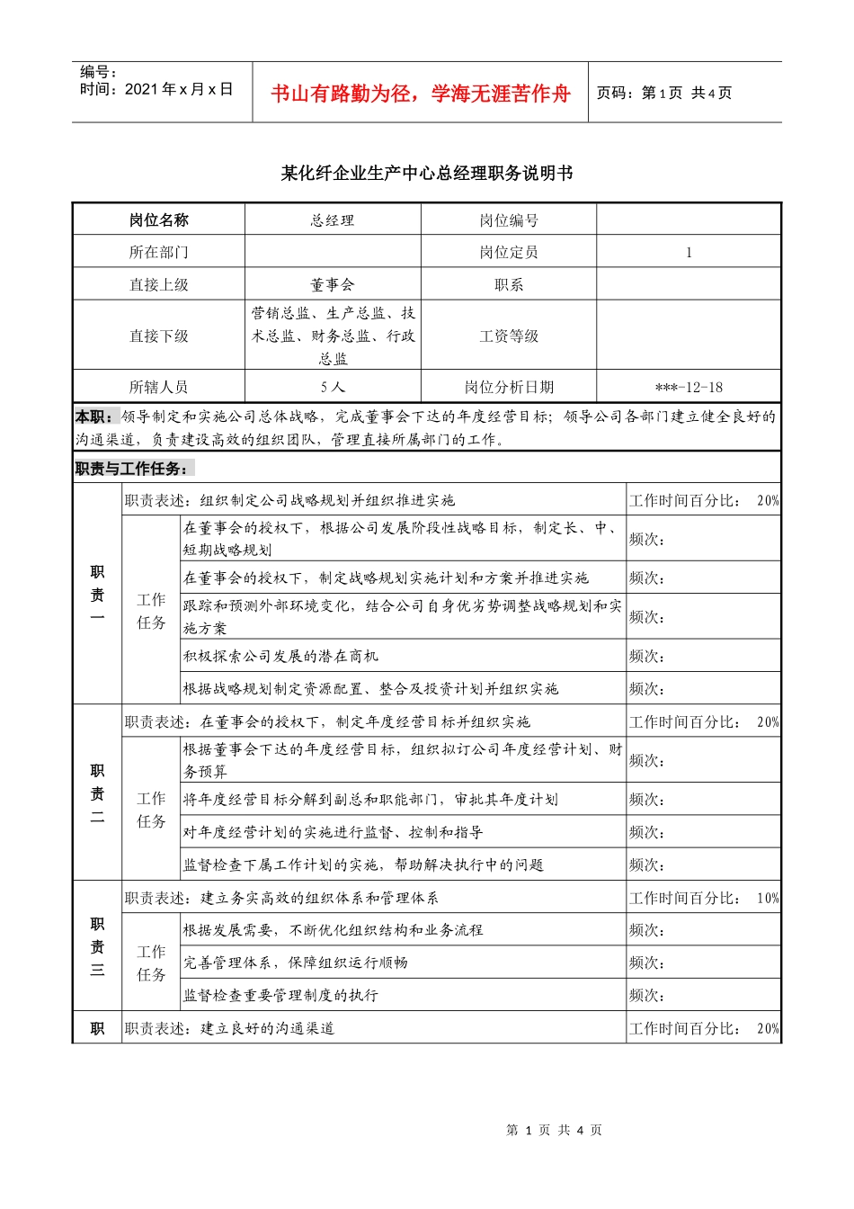 某化纤企业总经理职务说明书_第1页
