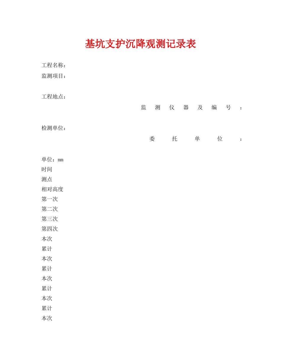 《安全管理资料》之基坑支护沉降观测记录表 _第1页