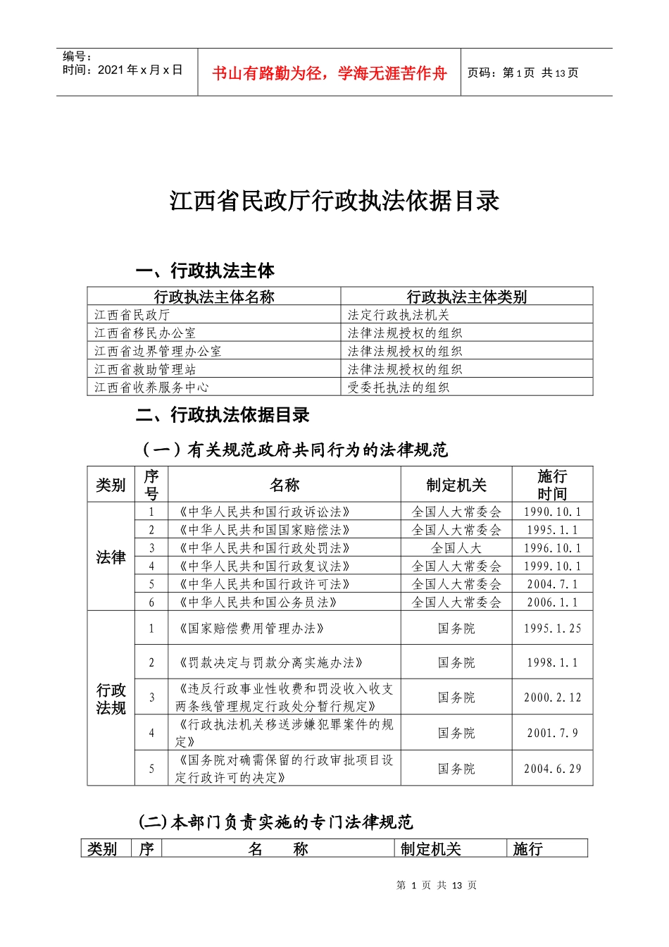 江西省民政厅行政执法依据目录_第1页