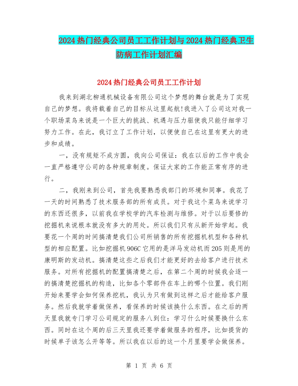 2024热门经典公司员工工作计划与2024热门经典卫生防病工作计划汇编_第1页