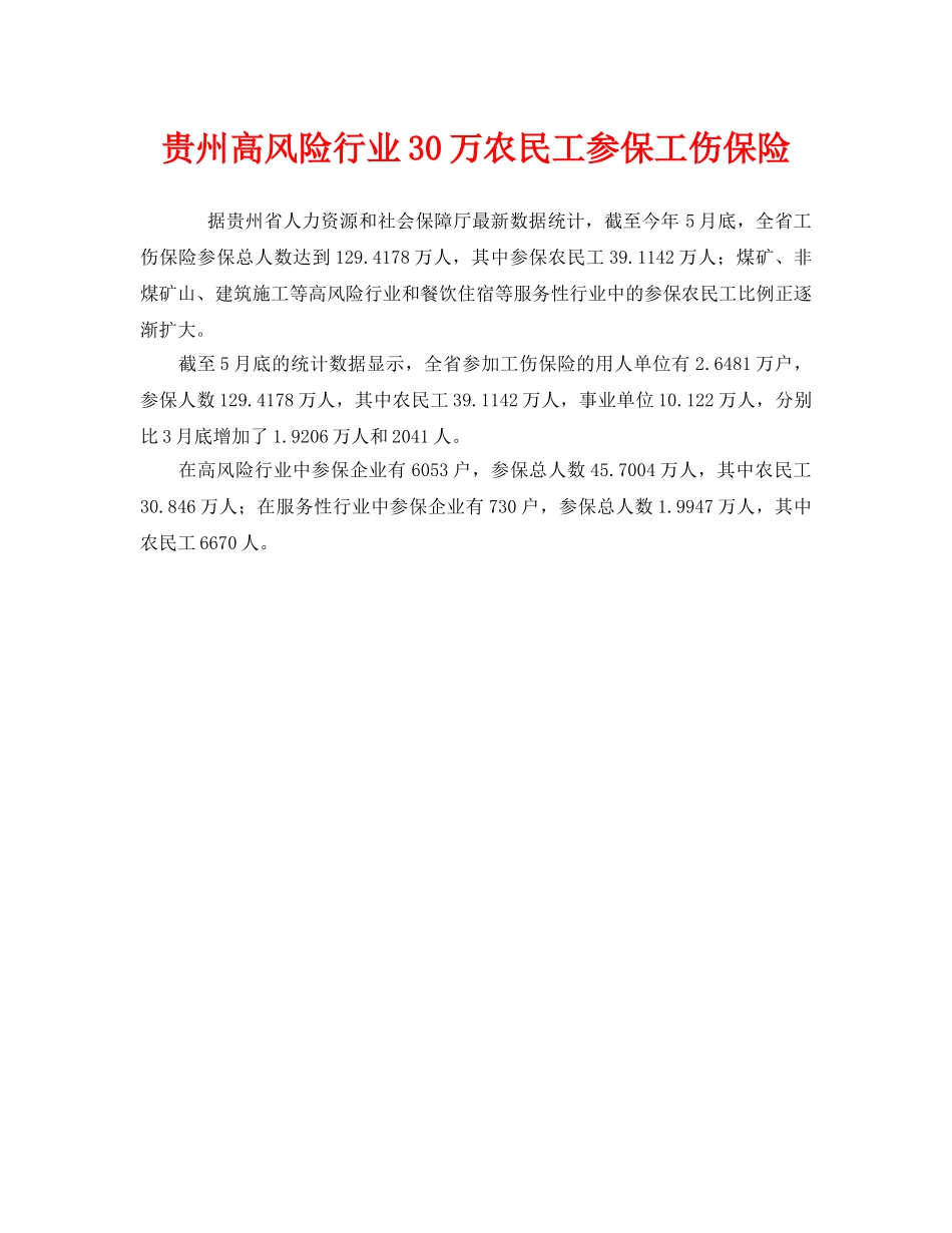 《工伤保险》之贵州高风险行业30万农民工参保工伤保险 _第1页