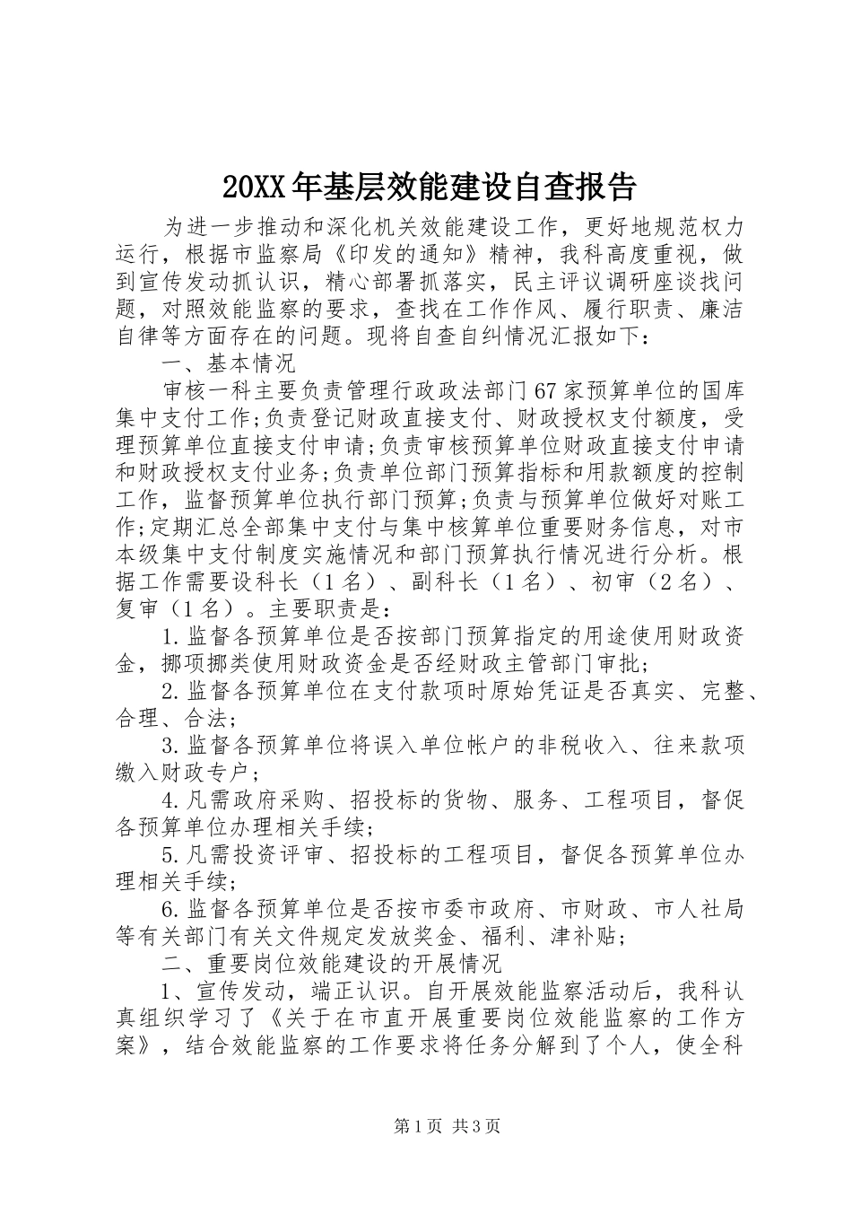 20XX年基层效能建设自查报告_第1页