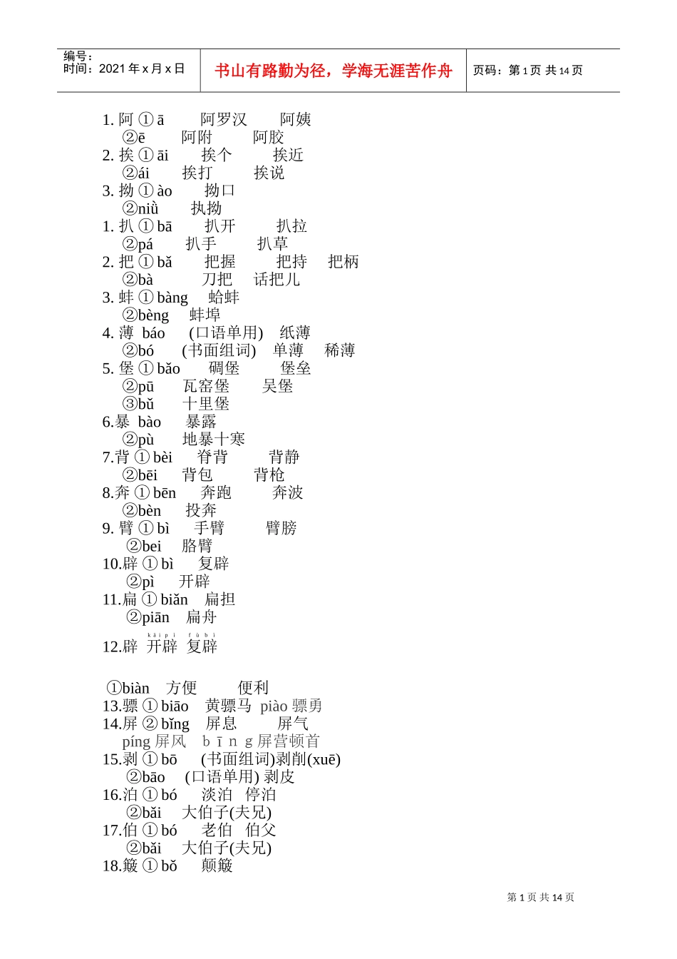 高职高考复习范本之多音字_第1页
