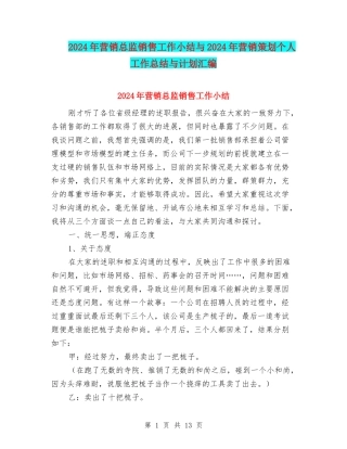 2024年营销总监销售工作小结与2024年营销策划个人工作总结与计划汇编