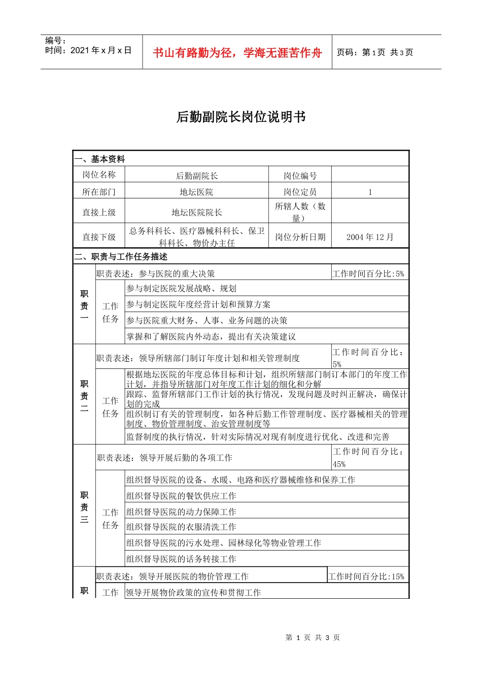 某医院后勤副院长岗位说明书_第1页