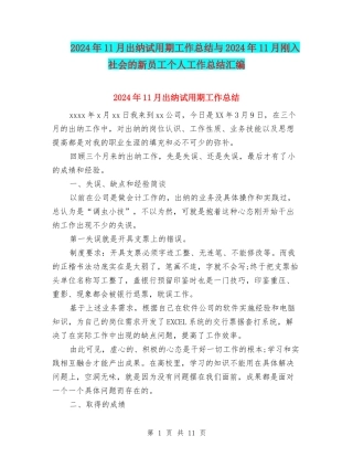 2024年11月出纳试用期工作总结与2024年11月刚入社会的新员工个人工作总结汇编