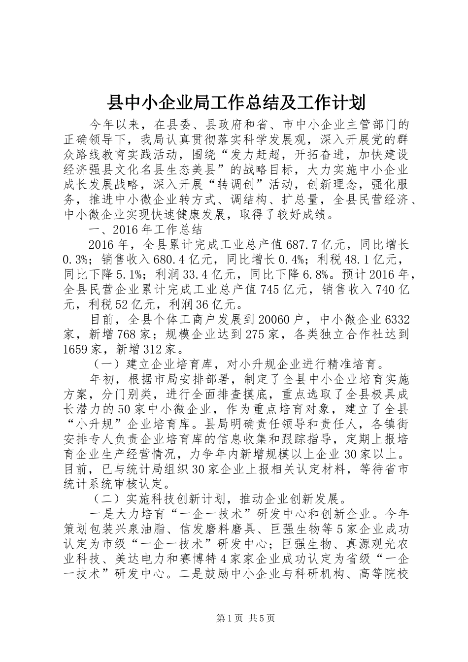 县中小企业局工作总结及工作计划_第1页
