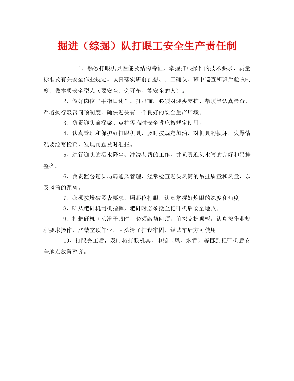 《安全管理制度》之掘进（综掘）队打眼工安全生产责任制 _第1页