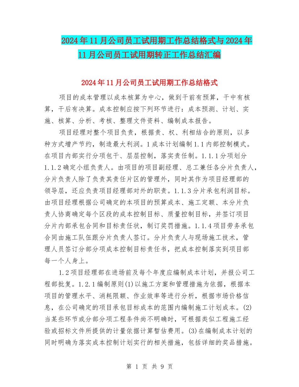 2024年11月公司员工试用期工作总结格式与2024年11月公司员工试用期转正工作总结汇编_第1页