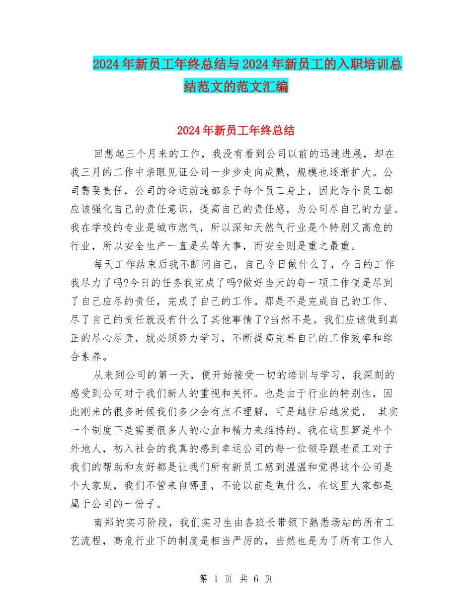 2024年新员工年终总结与2024年新员工的入职培训总结范文的范文汇编_第1页