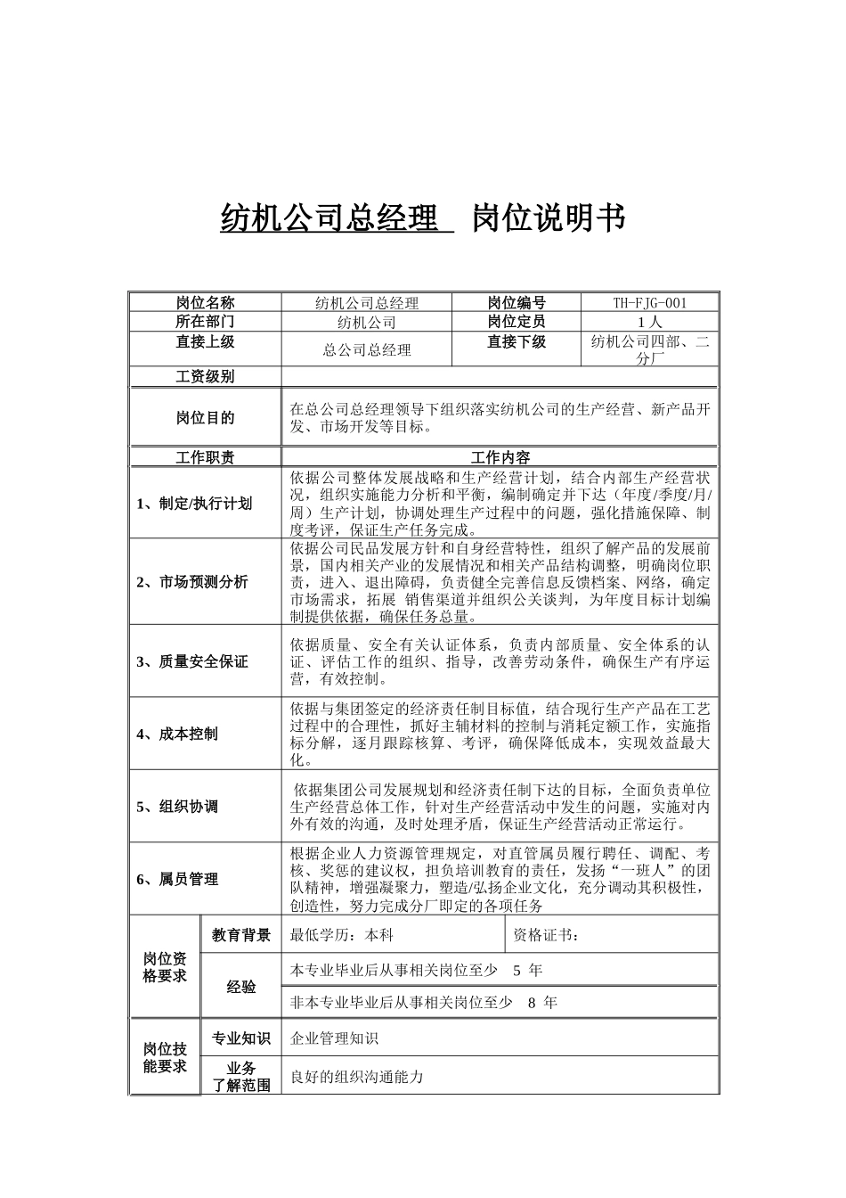 纺机公司总经理岗位说明书_第1页