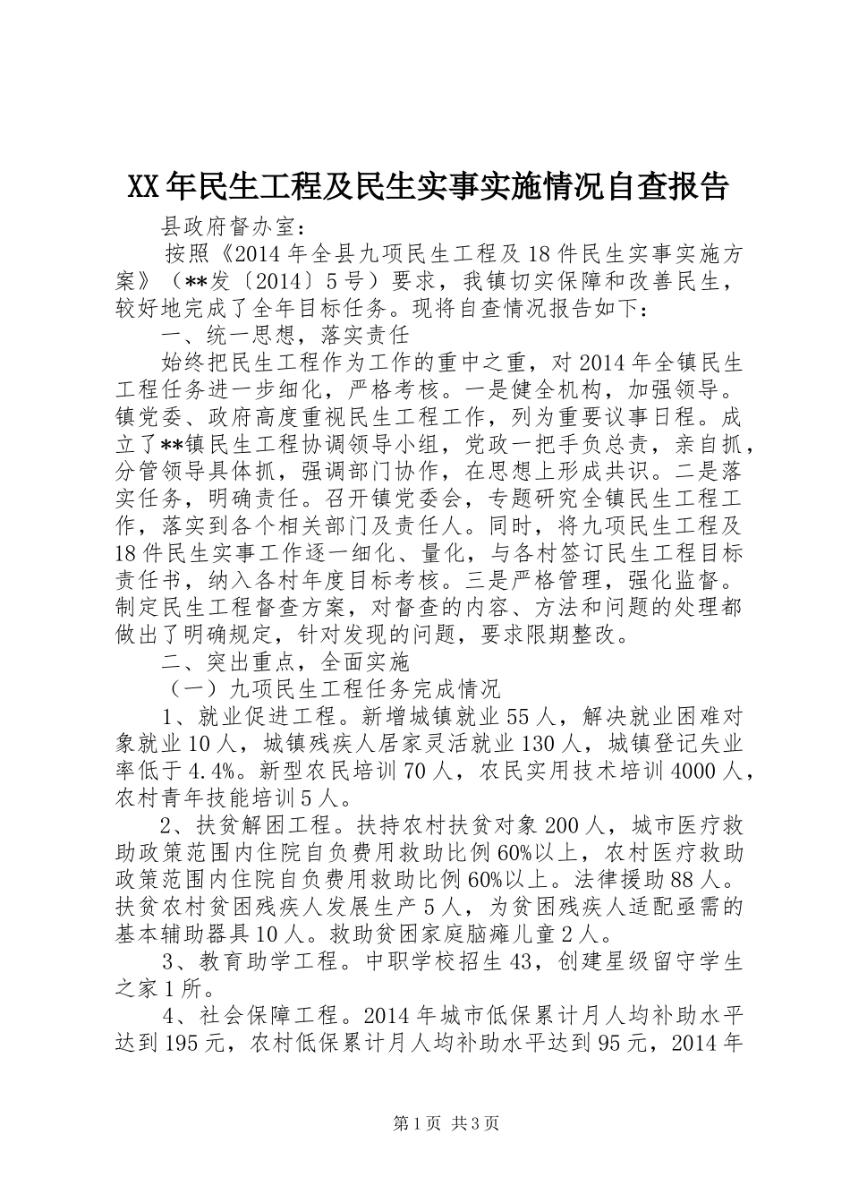 XX年民生工程及民生实事实施情况自查报告 _第1页