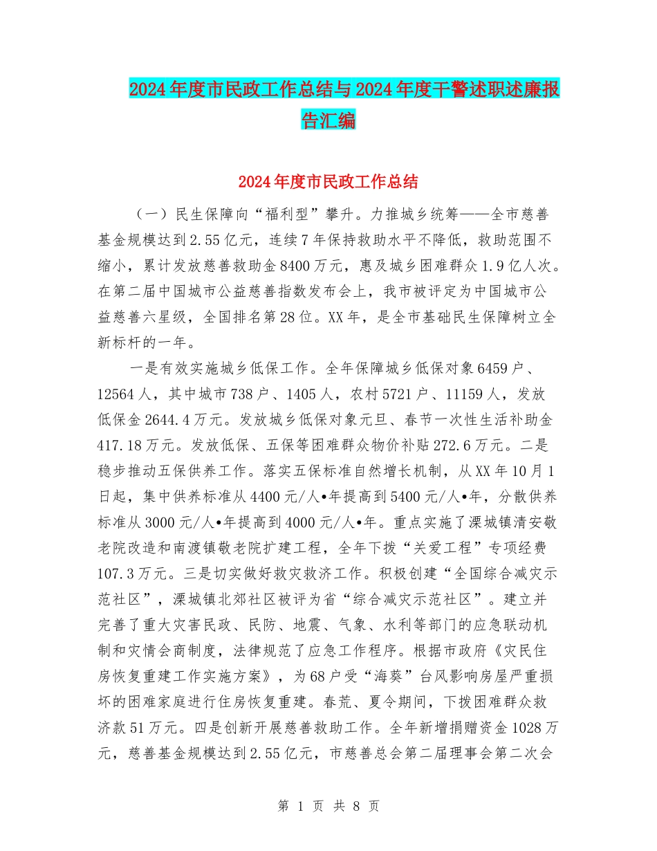 2024年度市民政工作总结与2024年度干警述职述廉报告汇编_第1页