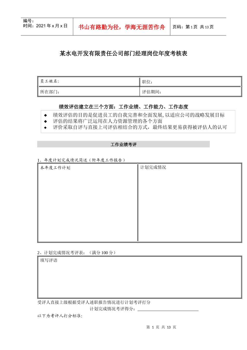 某水电开发有限责任公司部门经理岗位年度考核表_第1页