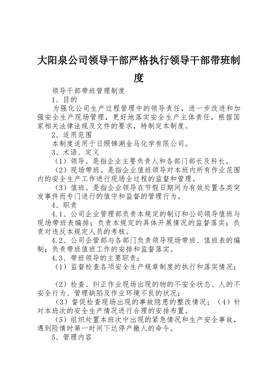 大阳泉公司领导干部严格执行领导干部带班规章制度细则_第1页