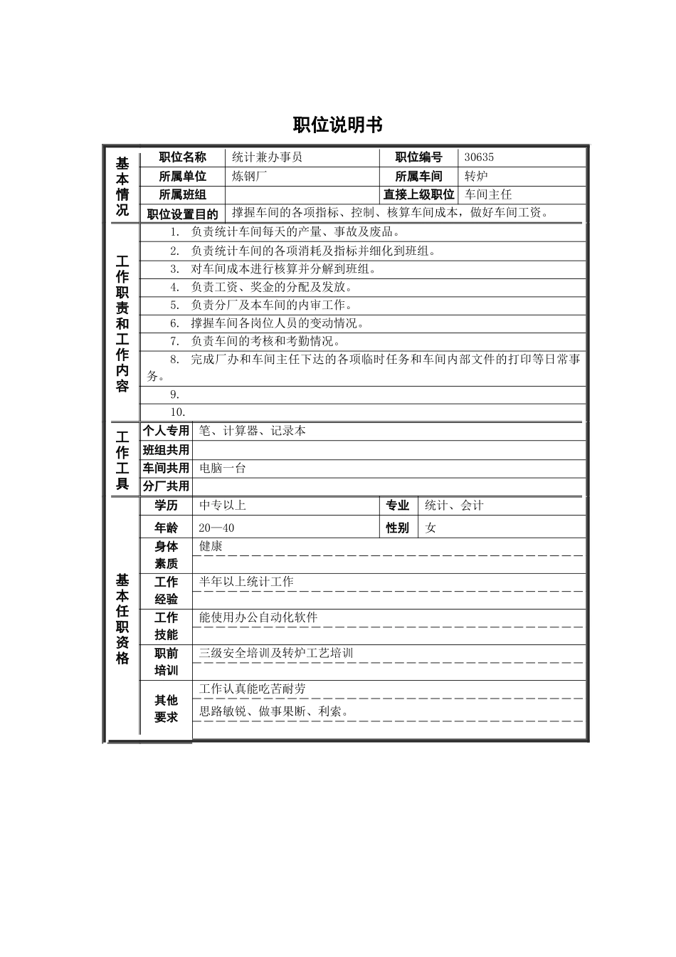 德龙钢铁-统计兼办事员职位说明书_第1页