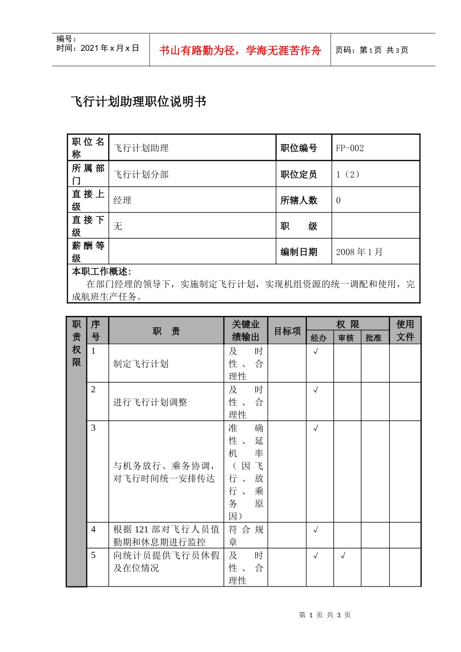 某航空物流公司飞行计划助理职位说明书及关键绩效标准_第1页