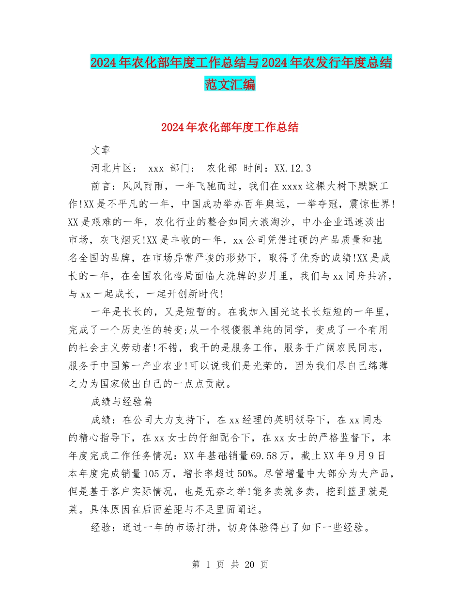 2024年农化部年度工作总结与2024年农发行年度总结范文汇编_第1页