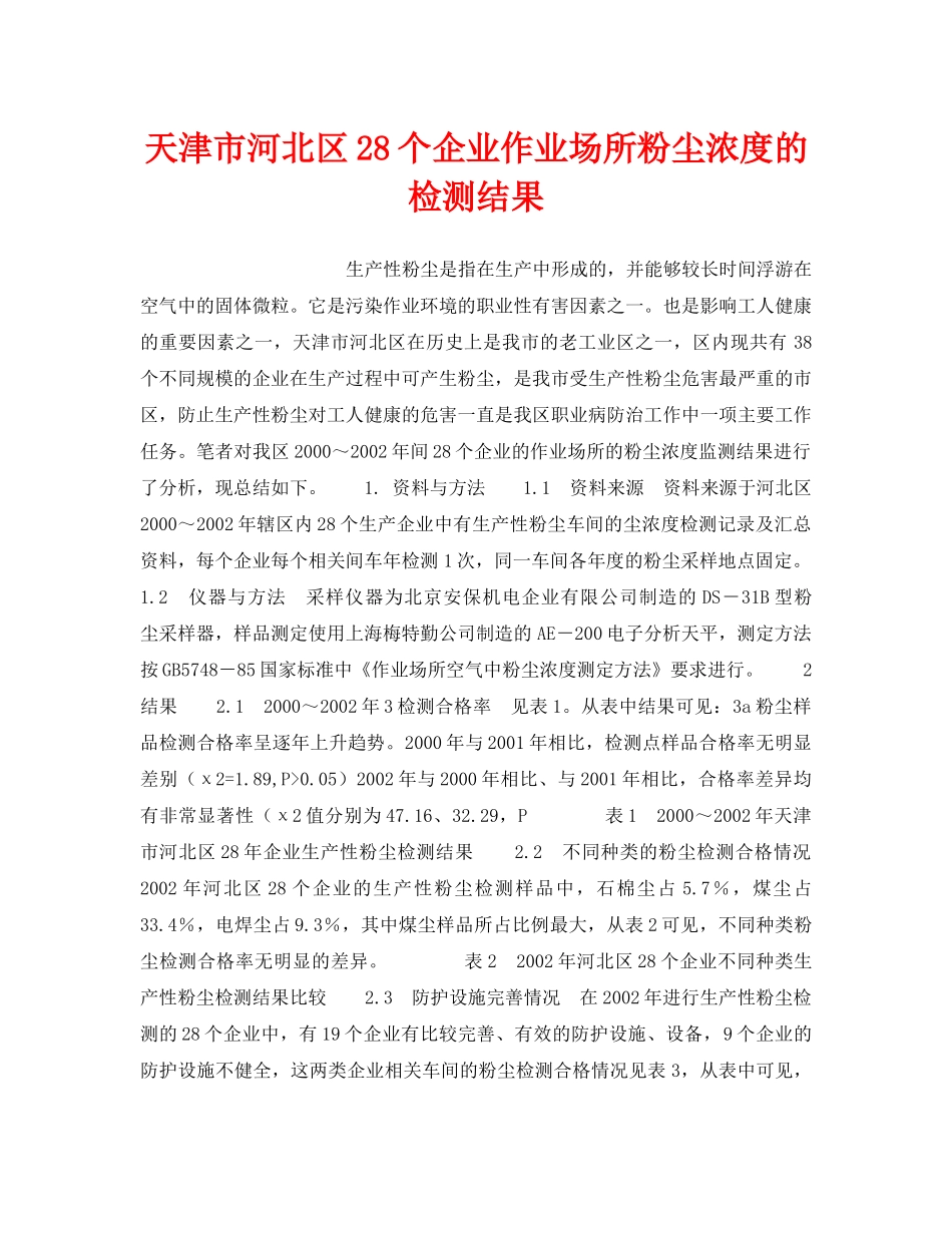 《安全管理职业卫生》之天津市河北区28个企业作业场所粉尘浓度的检测结果 _第1页