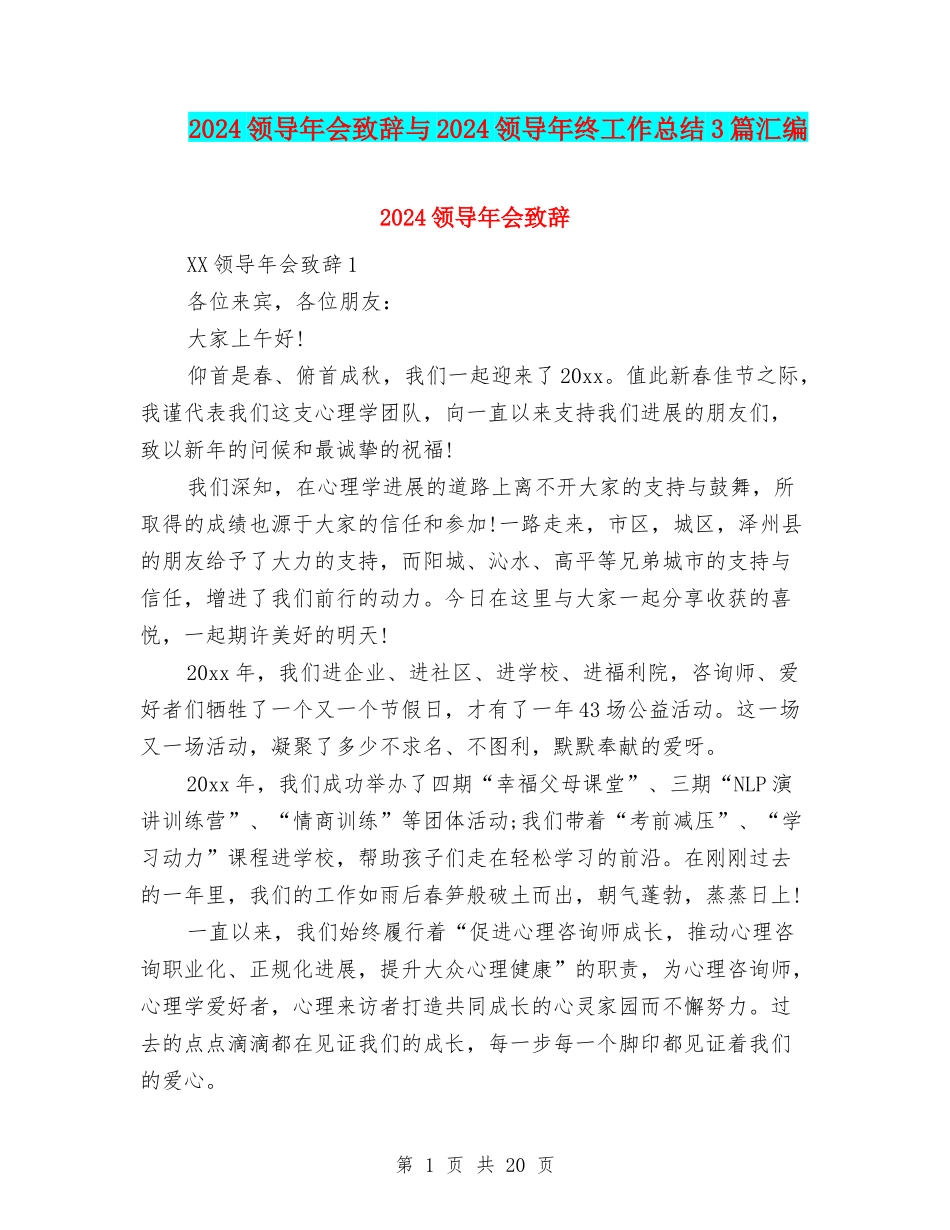 2024领导年会致辞与2024领导年终工作总结3篇汇编_第1页