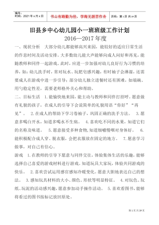 某某幼儿园班级工作计划