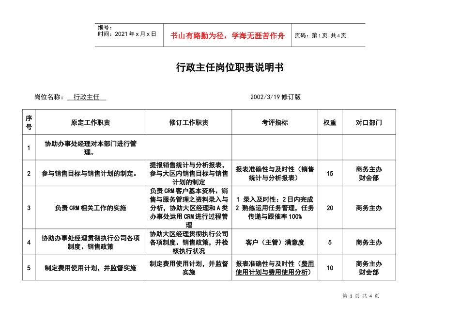 经营管理类-行政主任岗位职责说明书_第1页