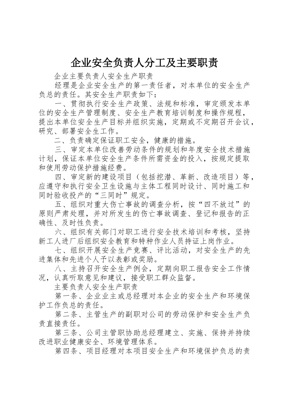 企业安全负责人分工及主要职责要求_第1页