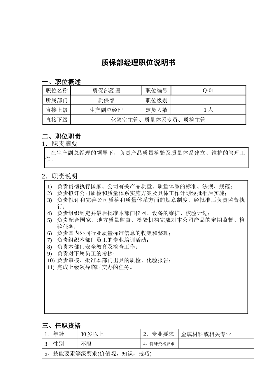 钢铁行业-质保部经理岗位说明书_第1页