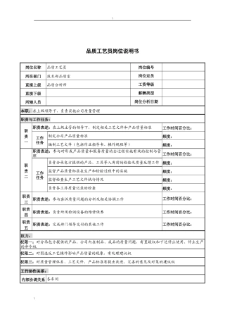 河北纪元光电公司技术部品质工艺员岗位说明书
