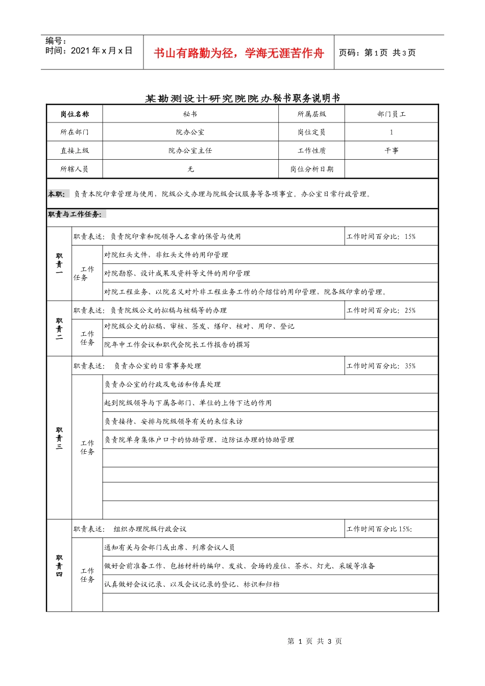 某勘测设计研究院院办秘书职务说明书._第1页