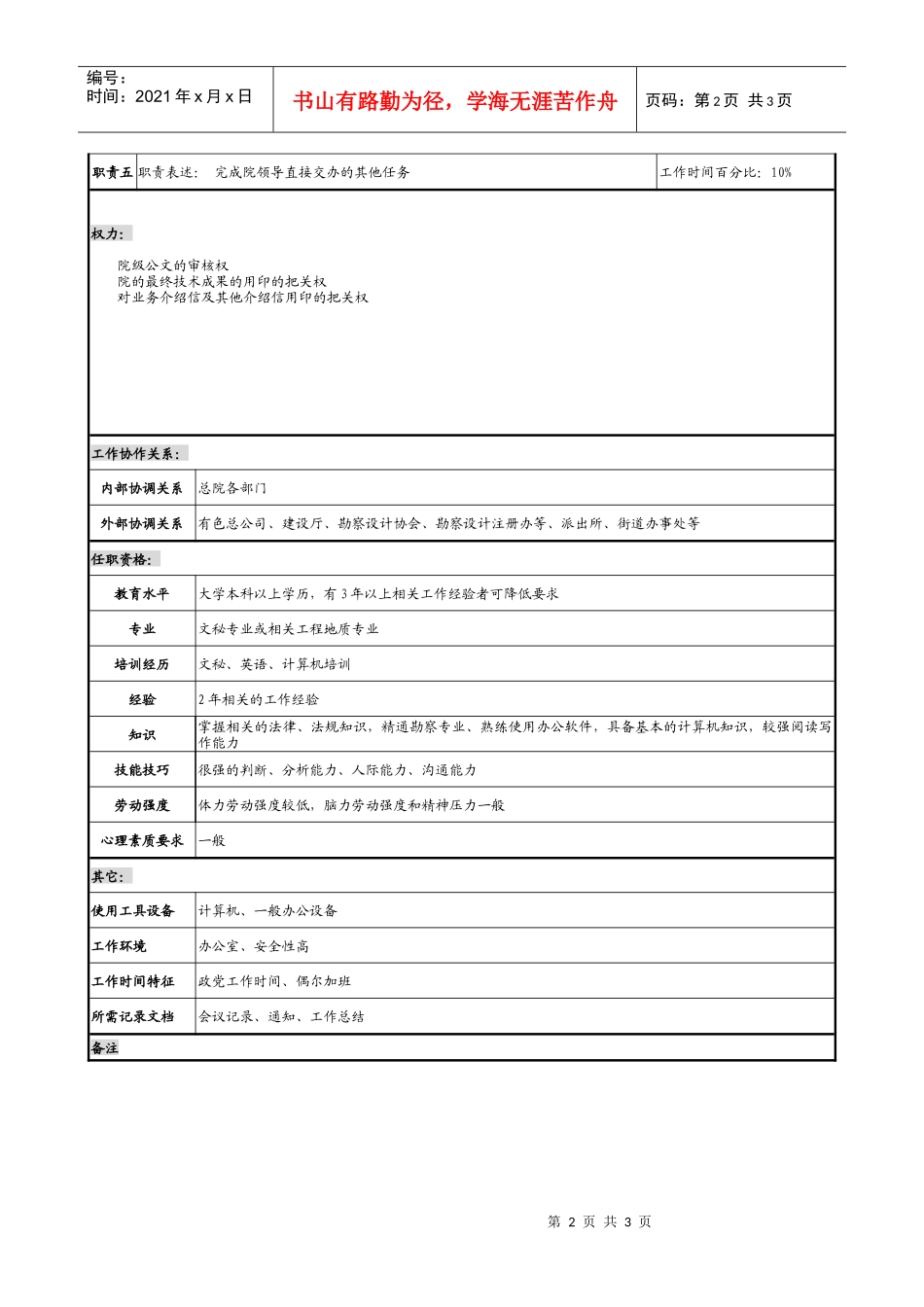 某勘测设计研究院院办秘书职务说明书._第2页