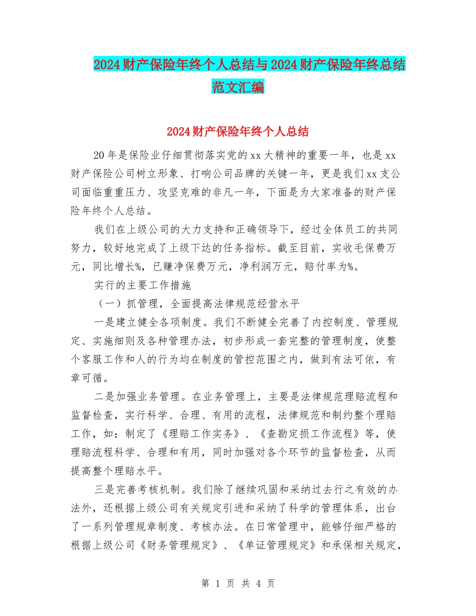 2024财产保险年终个人总结与2024财产保险年终总结范文汇编_第1页
