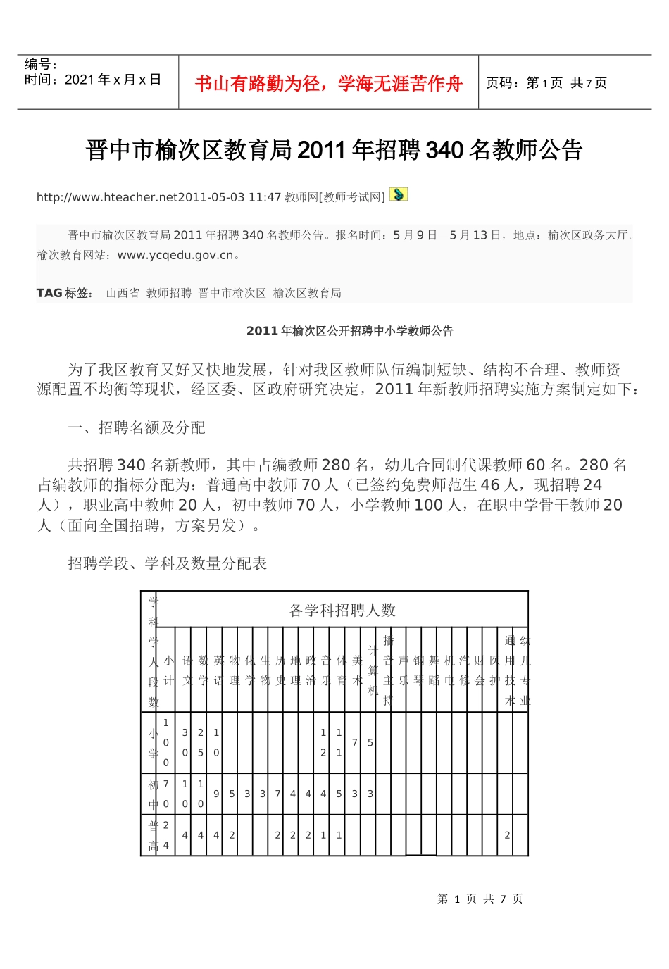 晋中市榆次区教育局XXXX年招聘340名教师公告_第1页