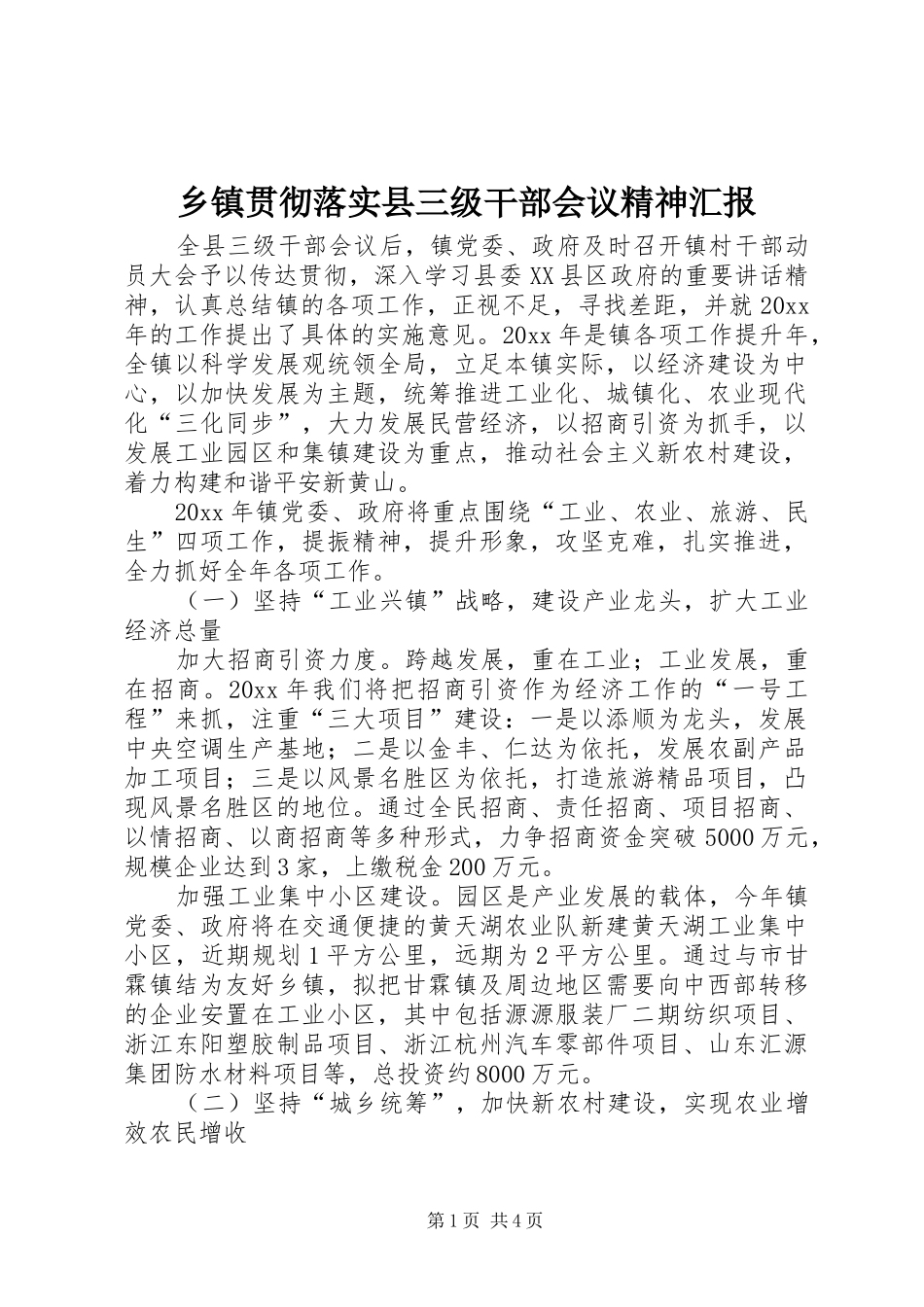 乡镇贯彻落实县三级干部会议精神汇报 _第1页