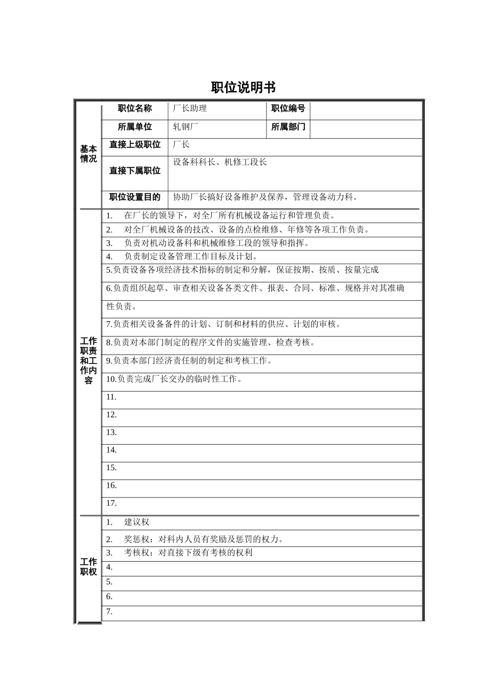 轧钢厂厂长助理（设备）职位说明书_第1页