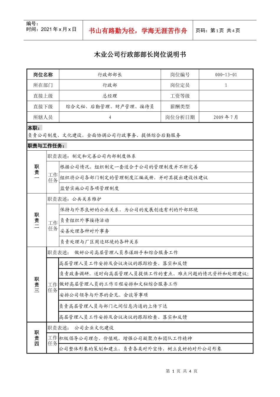 木业公司行政部部长岗位说明书_第1页