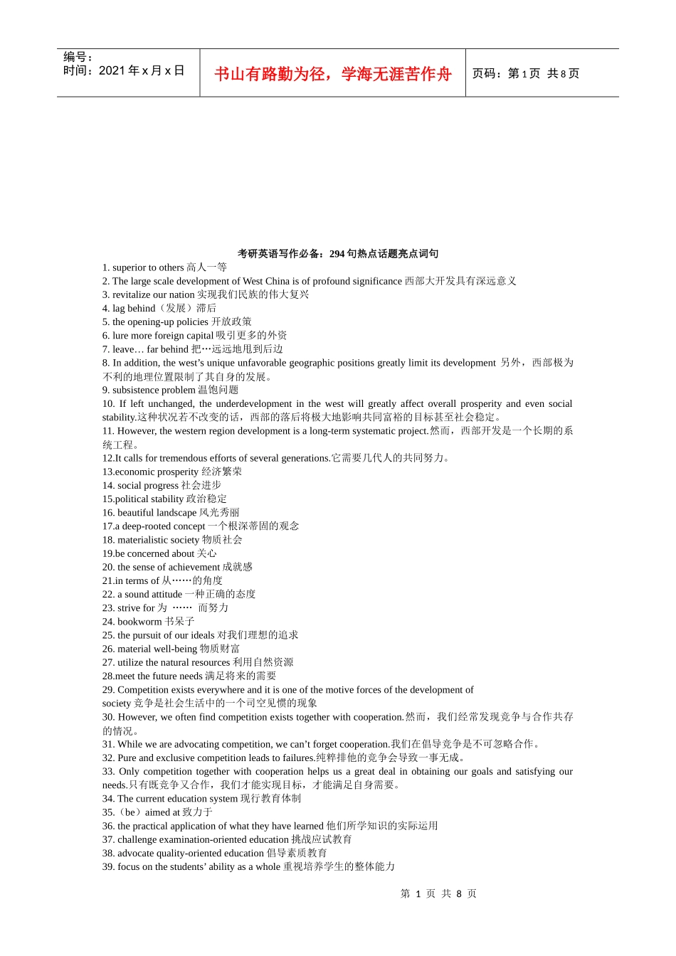 考研英语写作必备--热点话题亮点词句_第1页