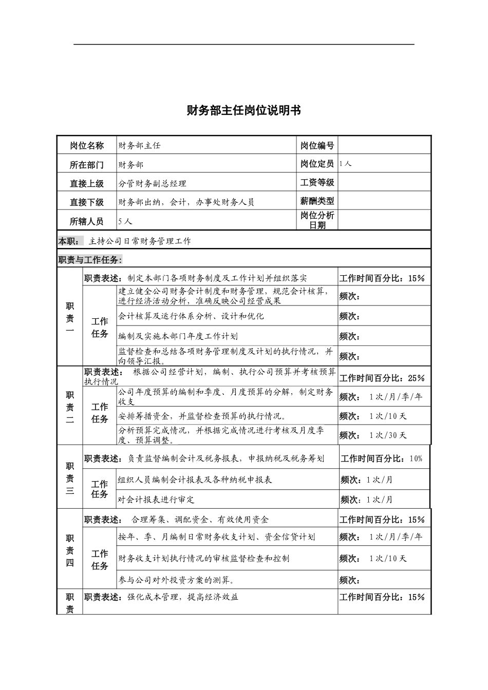 河北纪元光电公司财务部主任岗位说明书_第1页