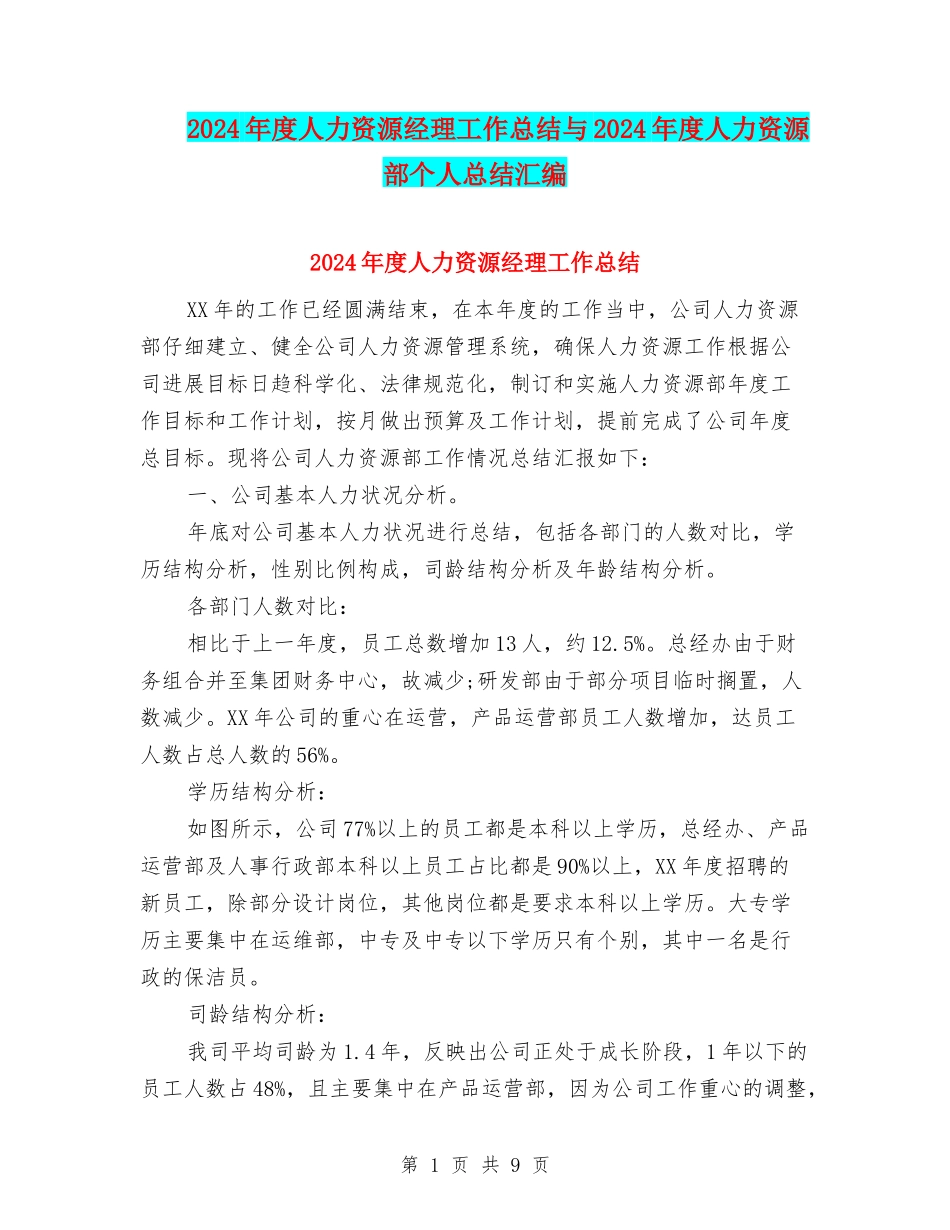 2024年度人力资源经理工作总结与2024年度人力资源部个人总结汇编_第1页