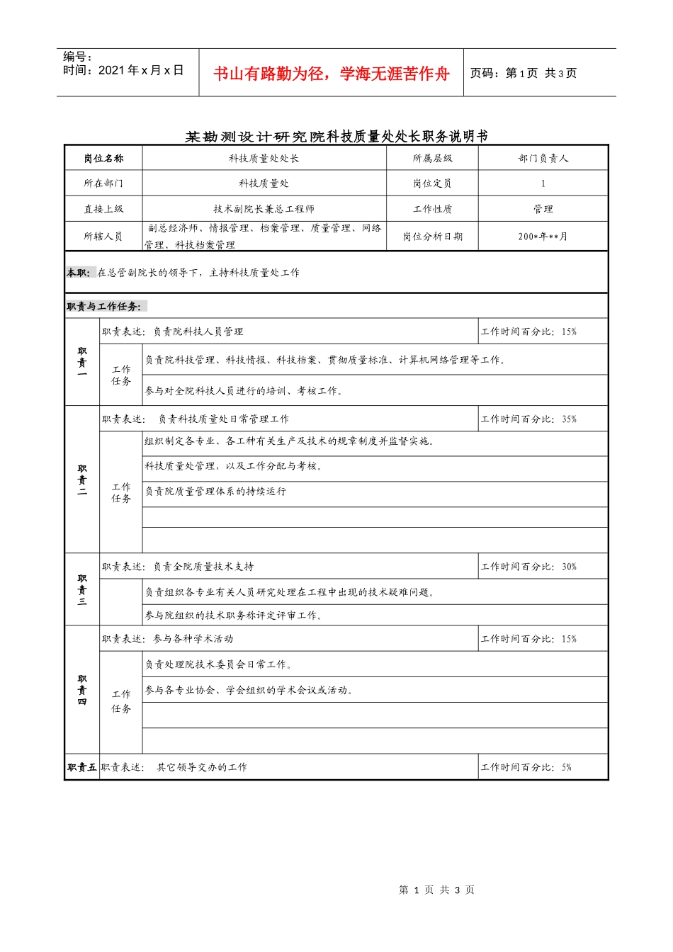 某勘测设计研究院科技质量处处长职务说明书_第1页