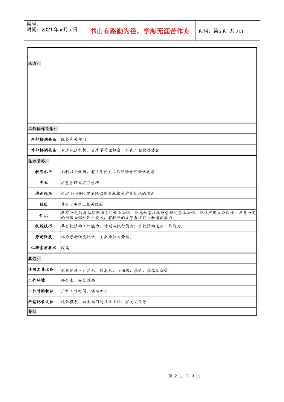 某勘测设计研究院科技质量处处长职务说明书_第2页