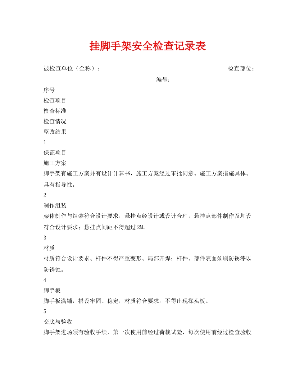 《安全管理资料》之挂脚手架安全检查记录表 _第1页