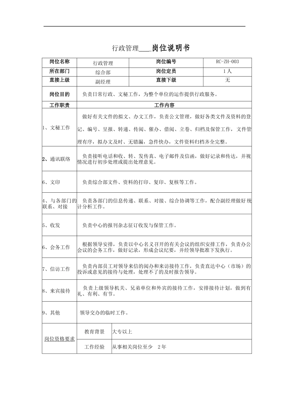 行政管理岗位说明书_第1页